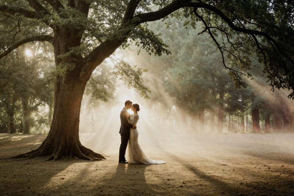 romantic wedding couple majestic tree sunlight